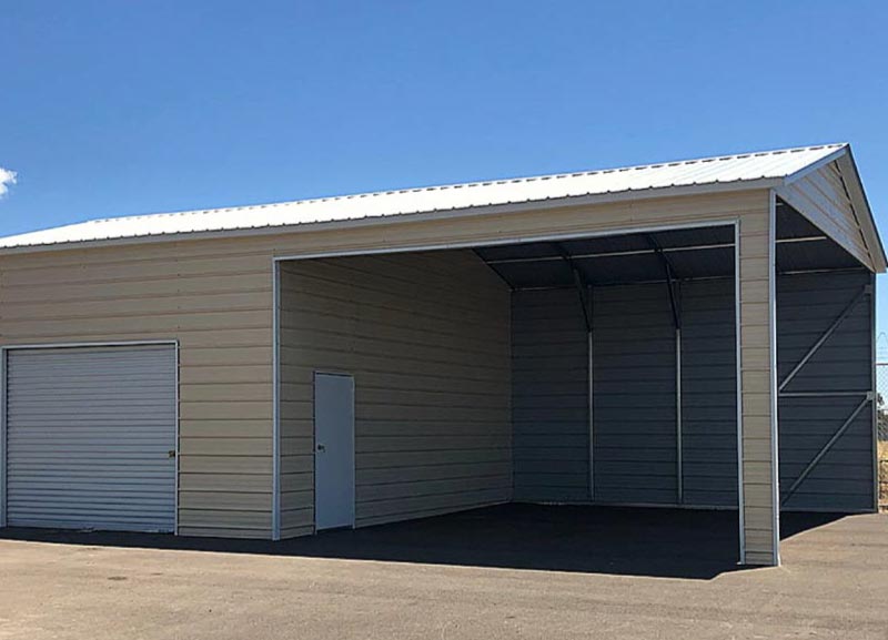 A premium tan metal utility structure combining a spacious open-sided carport canopy with a fully enclosed side storage workshop under a clean white steel roofline